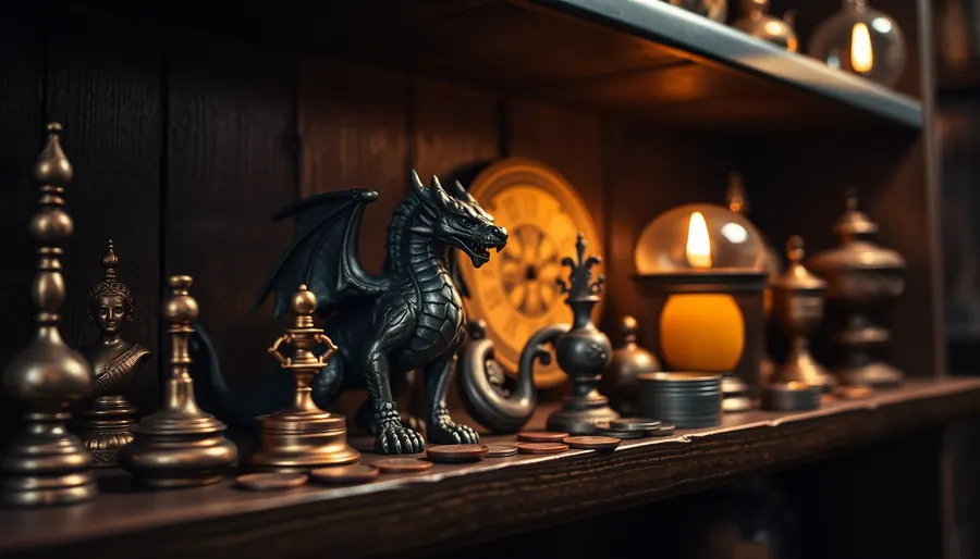 Bronze figurines, a dragon statue and old coins on a dark wooden shelf