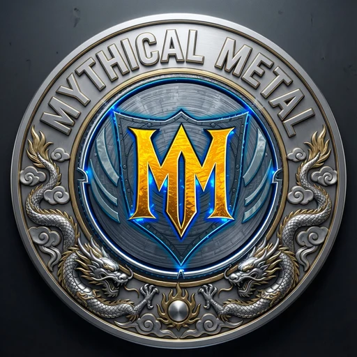 Mythical Metal emblem: a silver medallion with two dragons and a gold MM monogram